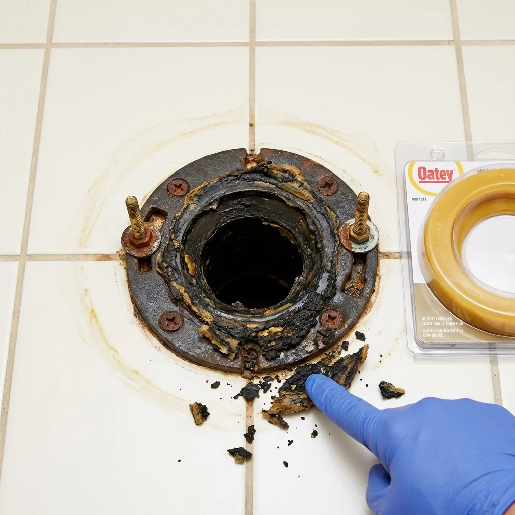 Failed wax ring showing water seepage at the base of a toilet in a Clyde, OH home