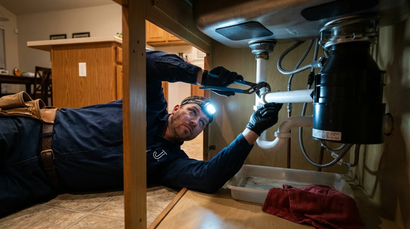 P-trap and supply line connections under a kitchen sink showing a common leak point in Clyde, OH